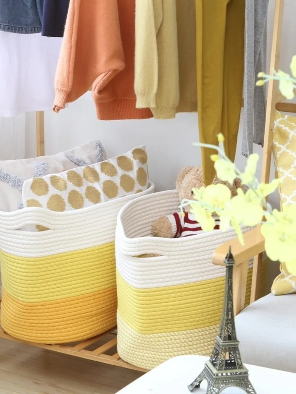 Striped Yellow Cotton Tote - Laundry Basket - Colorblock Toy Organizer NWT